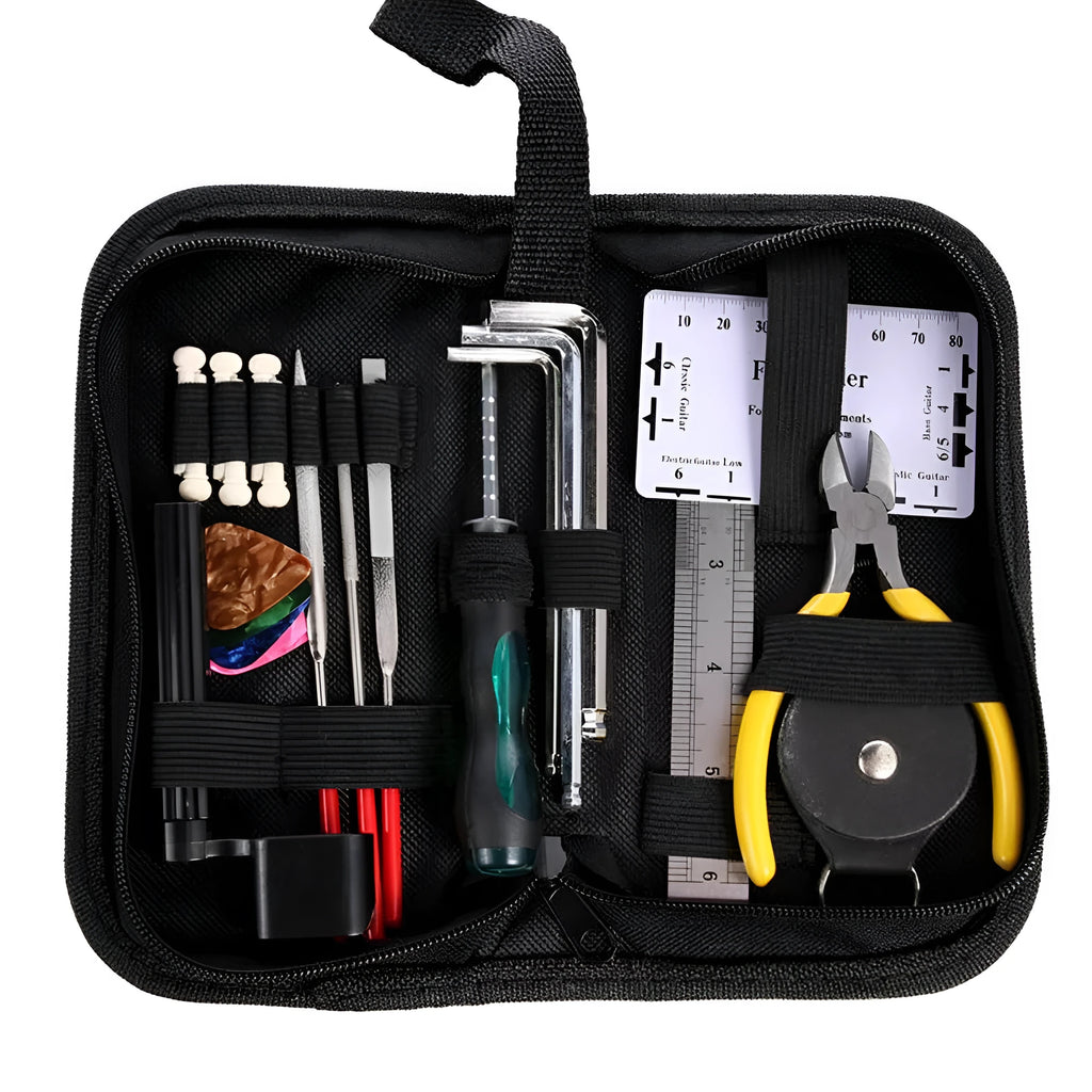 Black plastic guitar repair tool kit case open to show metal and plastic tools for guitar, bass, mandolin, banjo.