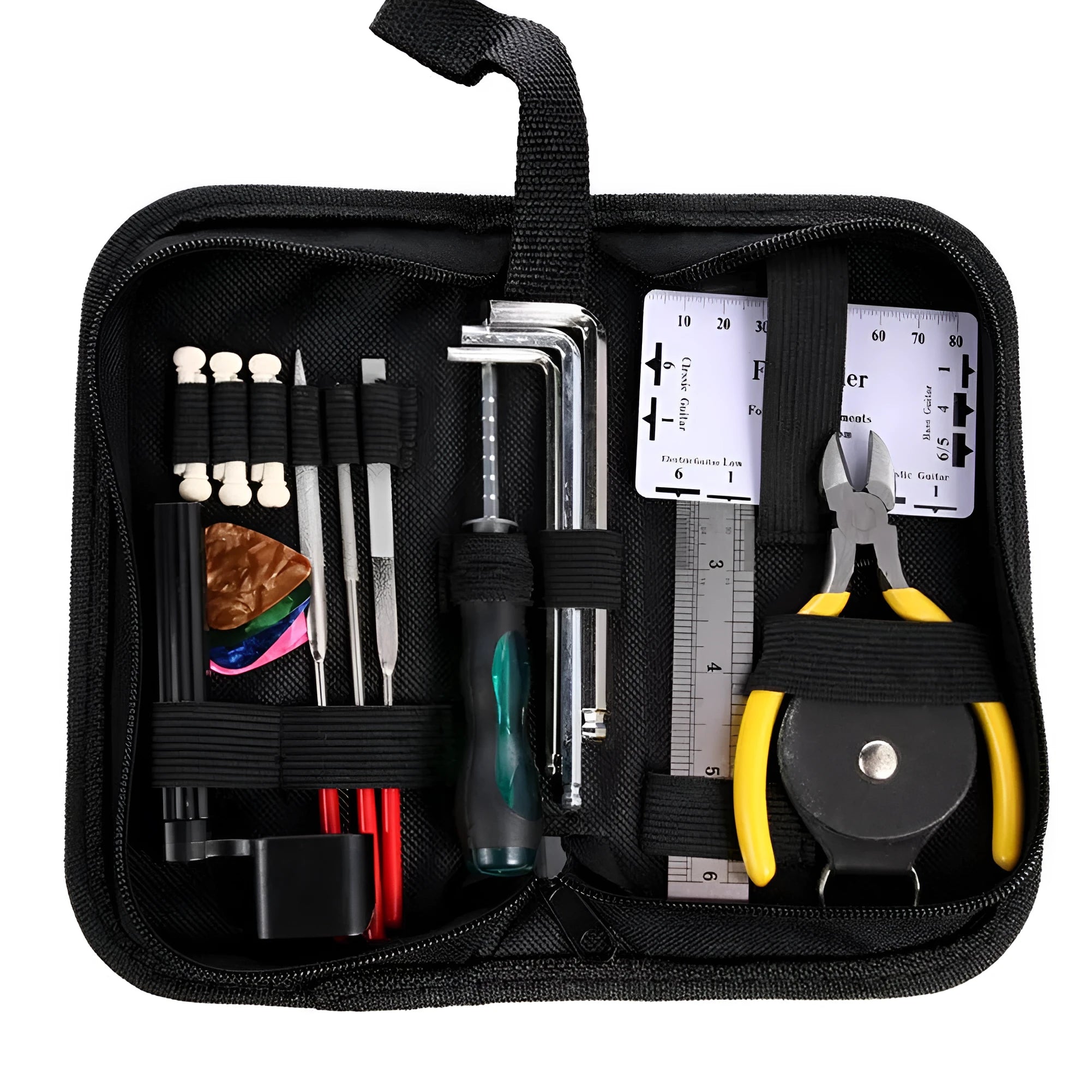 Black plastic guitar repair tool kit case open to show metal and plastic tools for guitar, bass, mandolin, banjo.