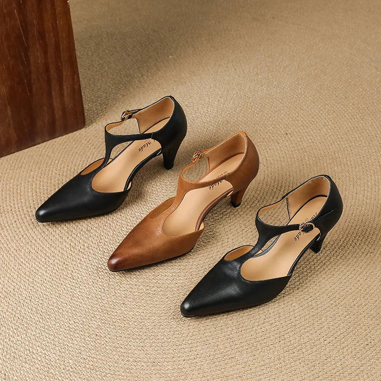 Brown women's retro T-strap ankle sandals with a short stout heel and buckle fastening.
