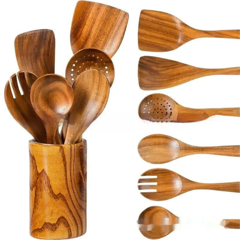7-piece wooden kitchen utensil set showing spoon, spatula and soup spoon on wooden surface
