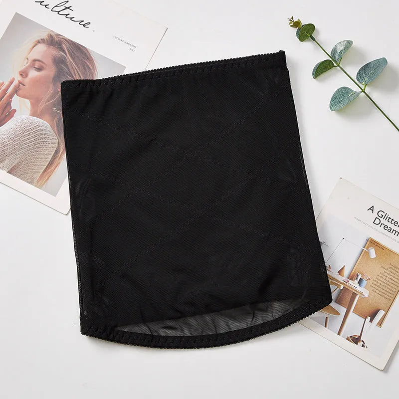 Thin mesh belly band body sculpting strap in black or skin color for postpartum waist trimming