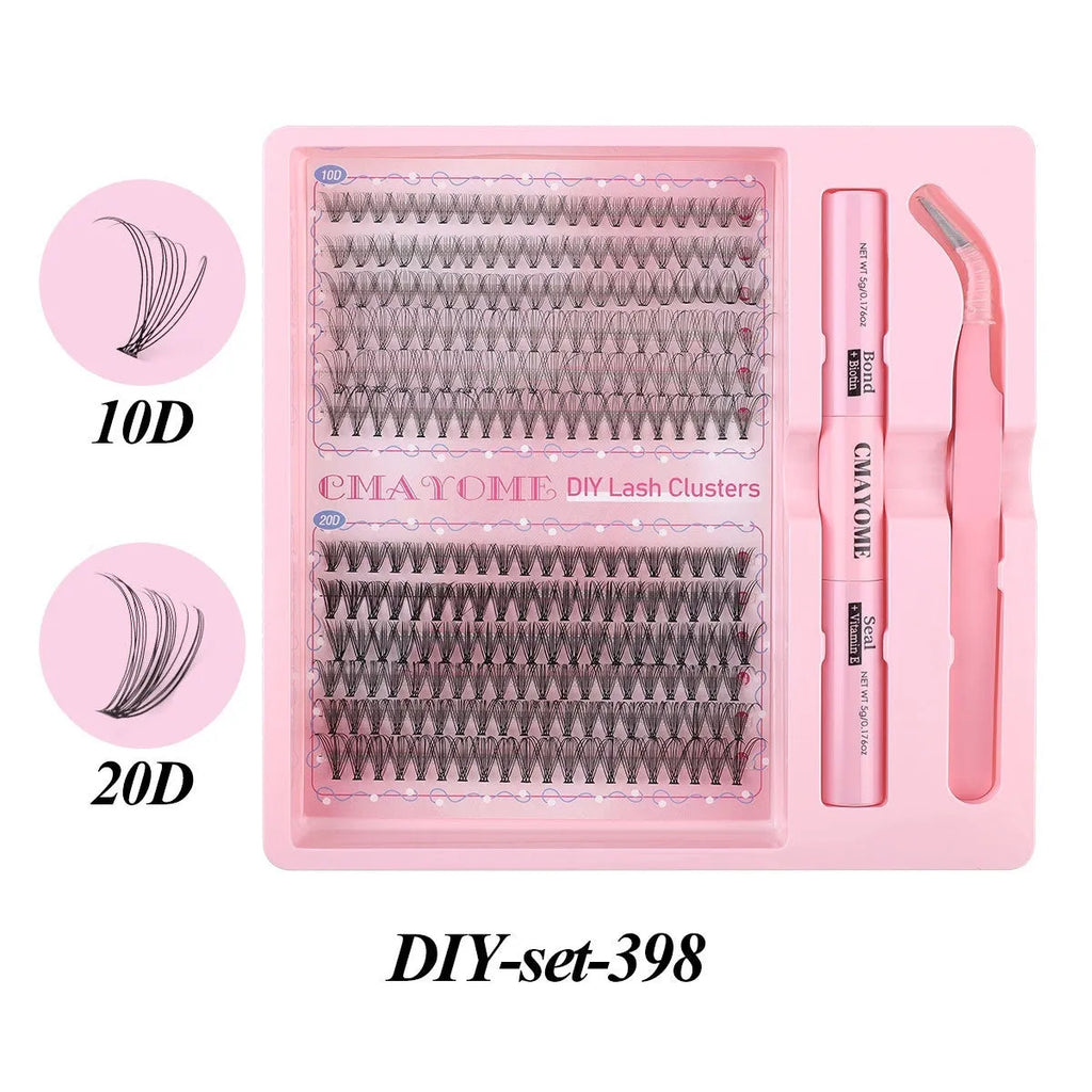 Set of DIY single cluster individual false eyelashes in natural thick mixed split type on a clear tray.