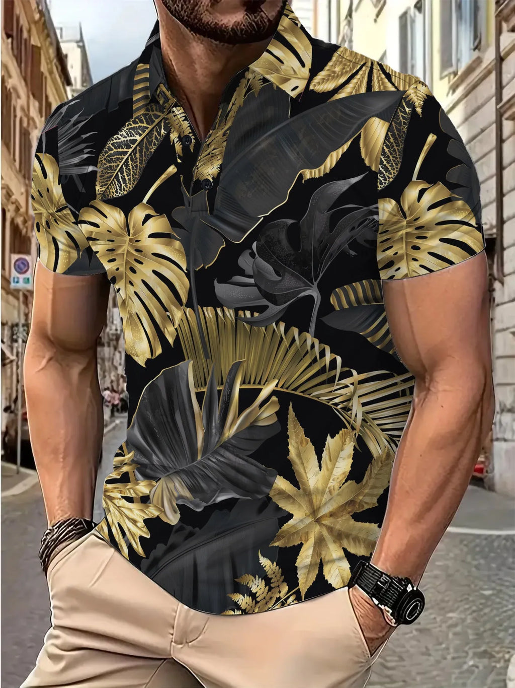 Gold tropical plant pattern men's short sleeve printed shirt in polyester fabric