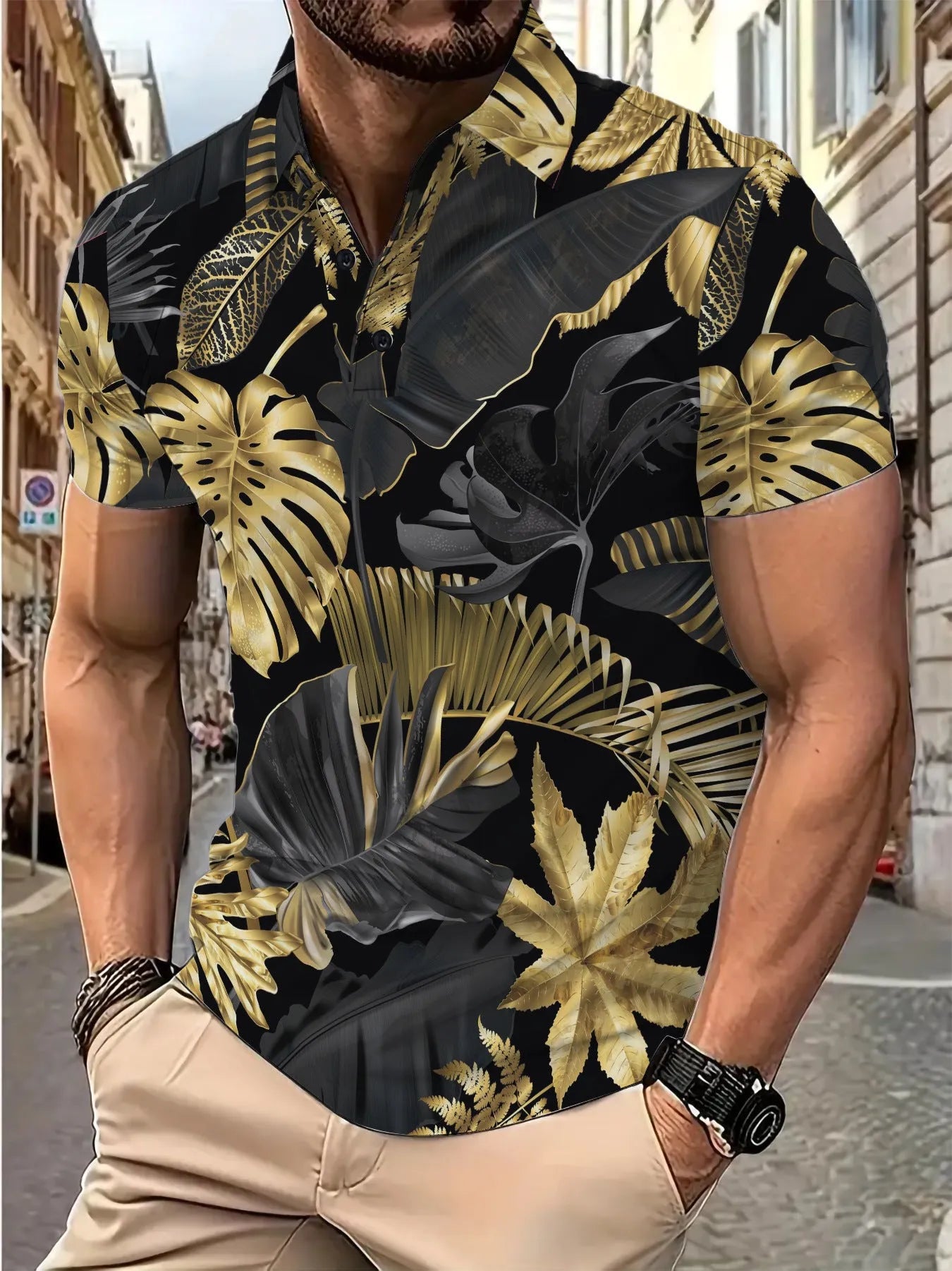 Gold tropical plant pattern men's short sleeve printed shirt in polyester fabric