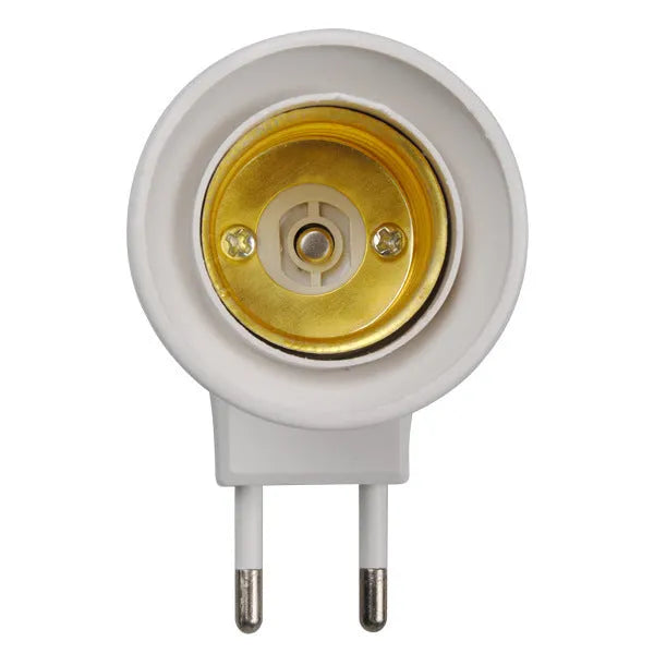 White E27 screw lamp holder adapter with a wall plug and a white rocker switch on the side