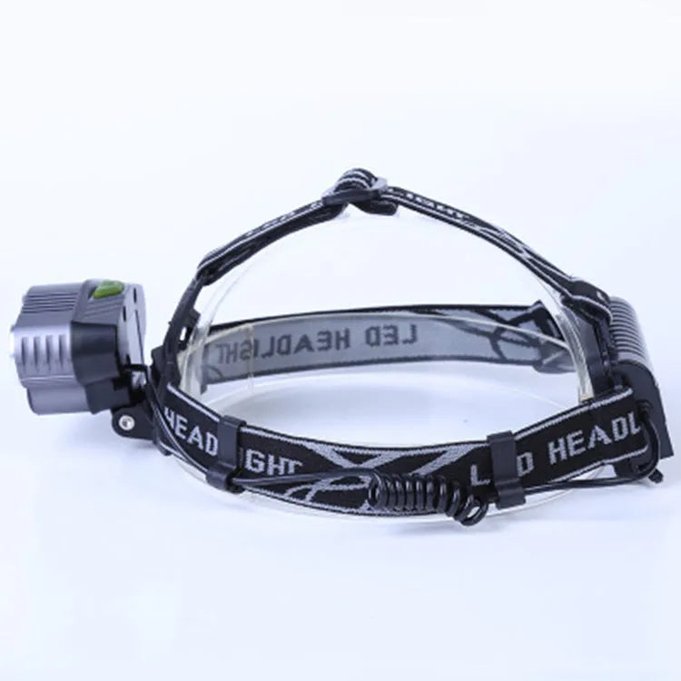 Outdoor head torch with adjustable strap and LED light providing long-range beam for camping