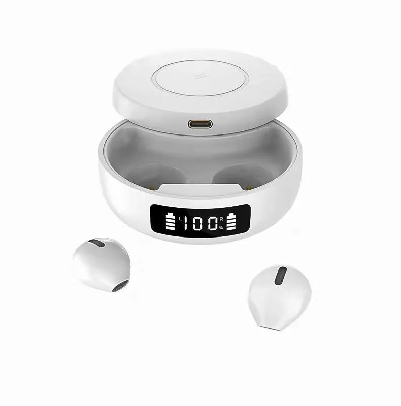Mini semi-in-ear wireless headphones with charging case showing battery display in black or white