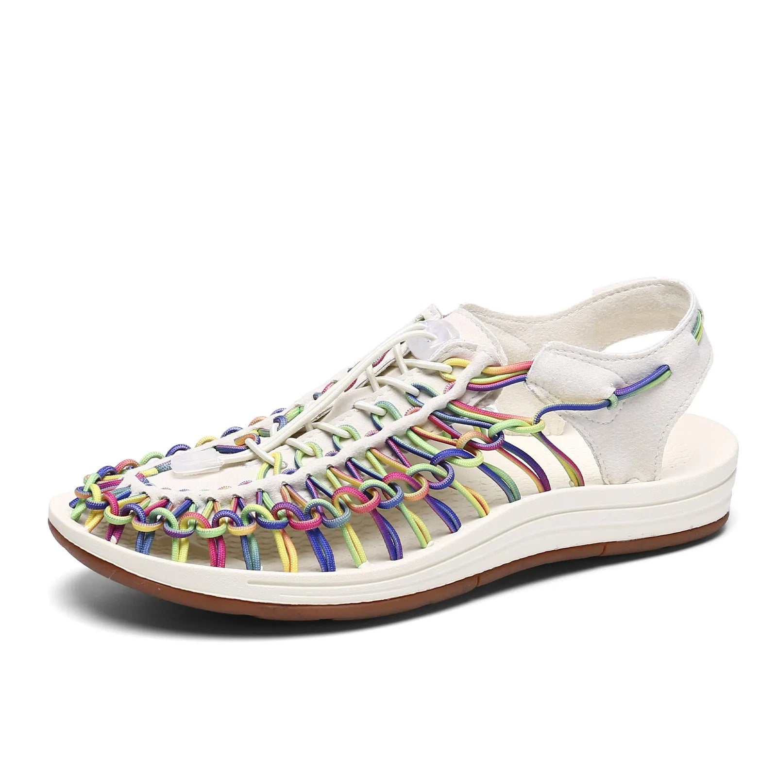 Woven Roman-style sandals with elastic drawstring tie and non-slip rubber sole