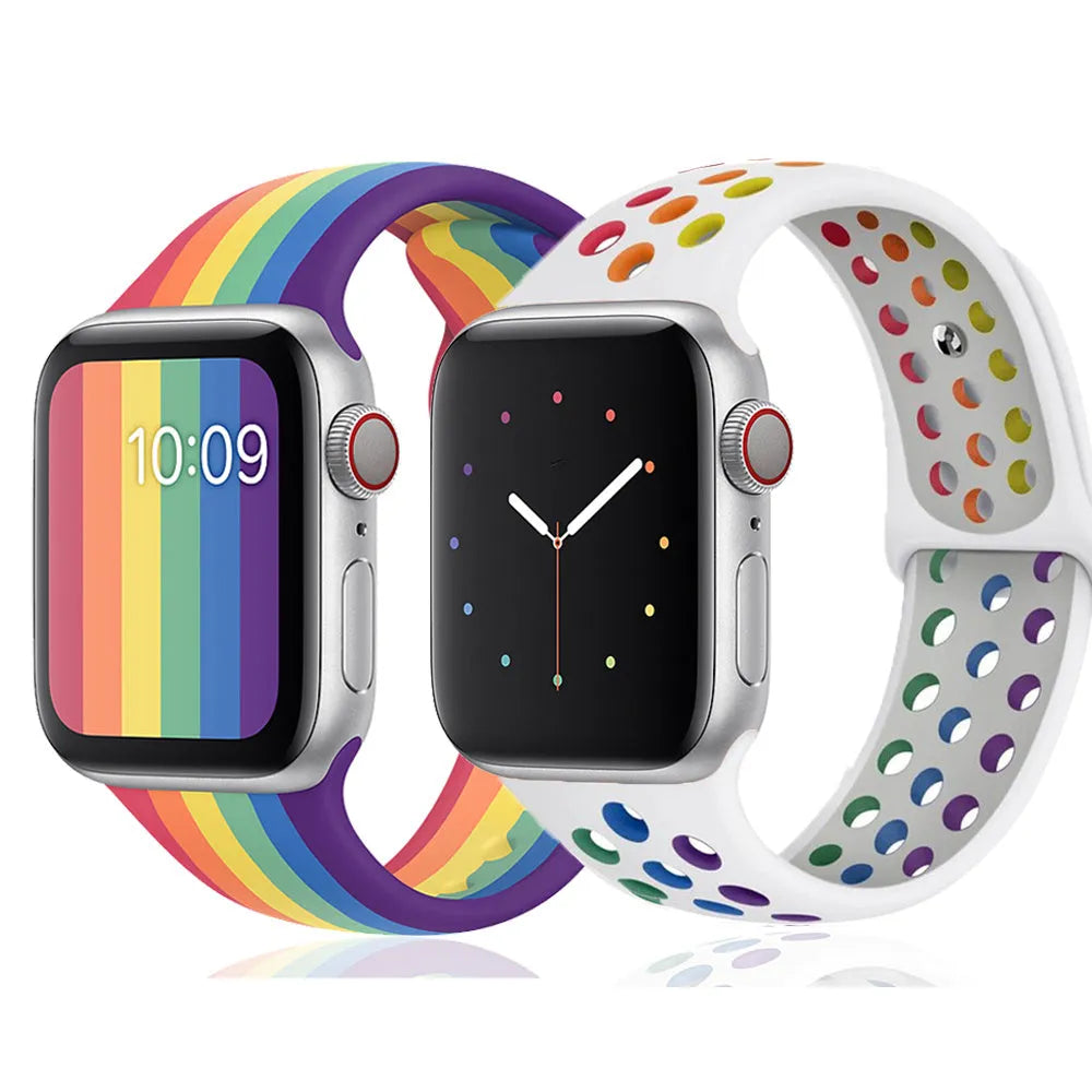 Unisex liquid silicone sports wristband strap in black rainbow or white for 38mm 40mm 42mm 44mm watches