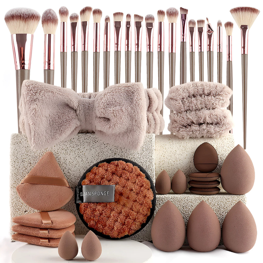 Beauty tools set with hydrophilic non-latex construction in brown, pink, and purple colours