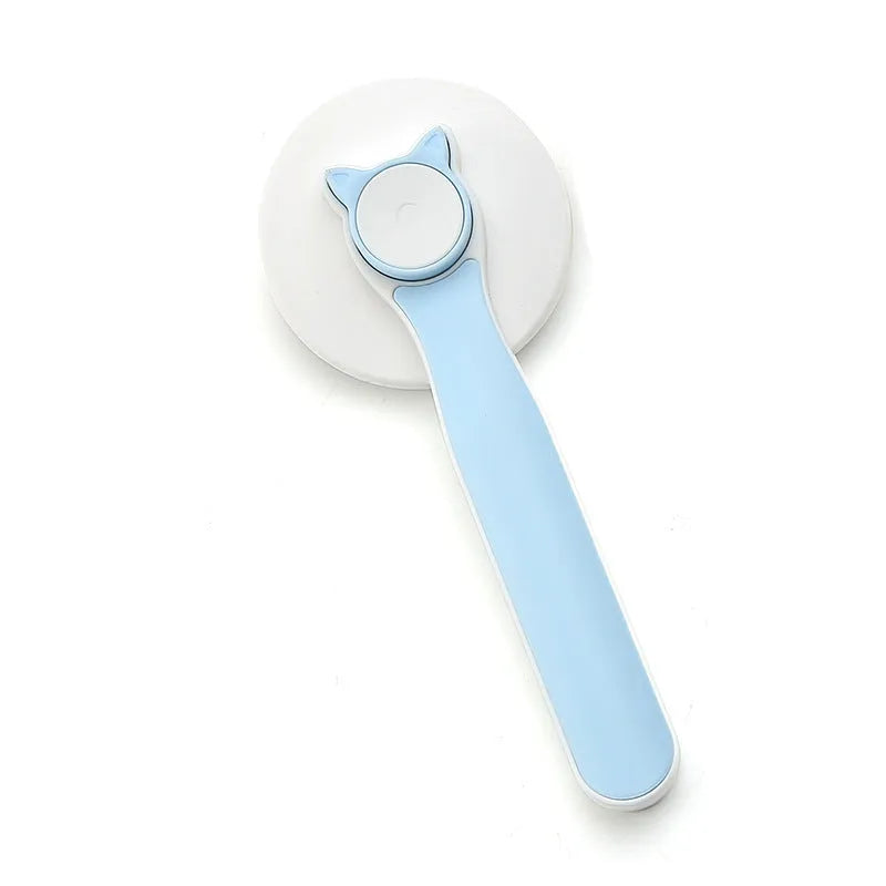 Blue self-cleaning slicker brush for dogs and cats with stainless steel pins and a rubber handle.