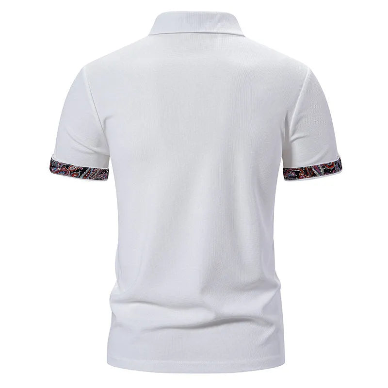 Men's white cotton blend polo shirt with colour stitching and short sleeves on a hanger.