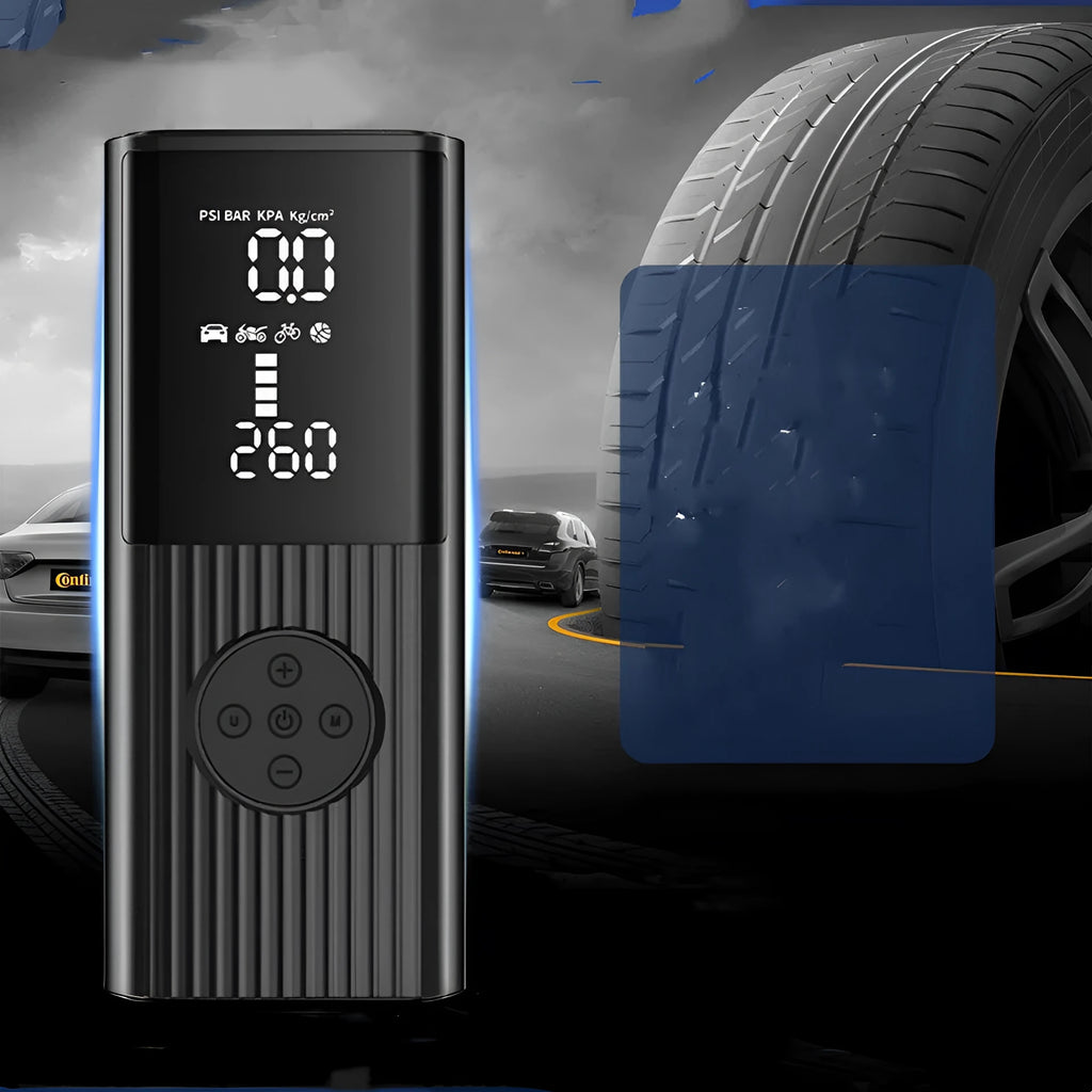 Black portable wireless car tyre inflator with LED light, USB port, and multiple air nozzles on a storage bag.
