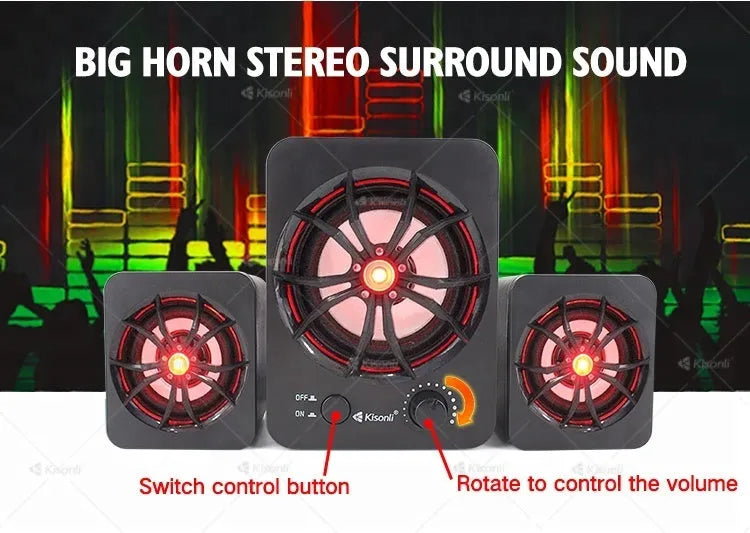Green 2.1 USB computer speaker with colourful glowing lights on a desk.