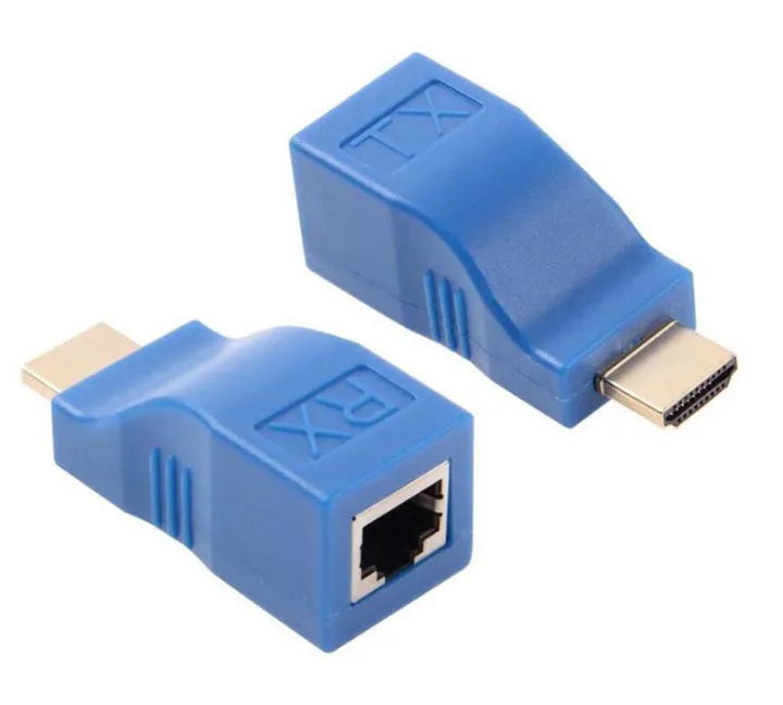 HDMI extender transmitter and receiver unit pair for signal extension over network cable.