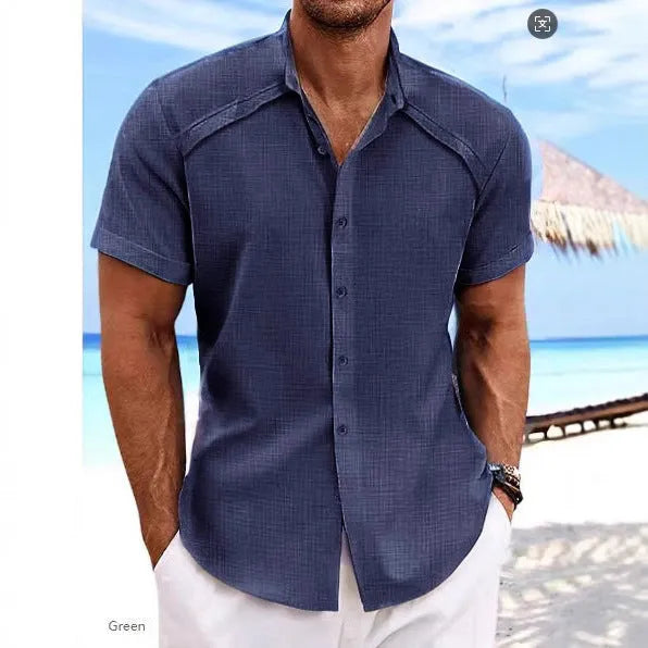 Men's Hawaiian casual short sleeve shirt in cotton blend fabric showing solid colour options