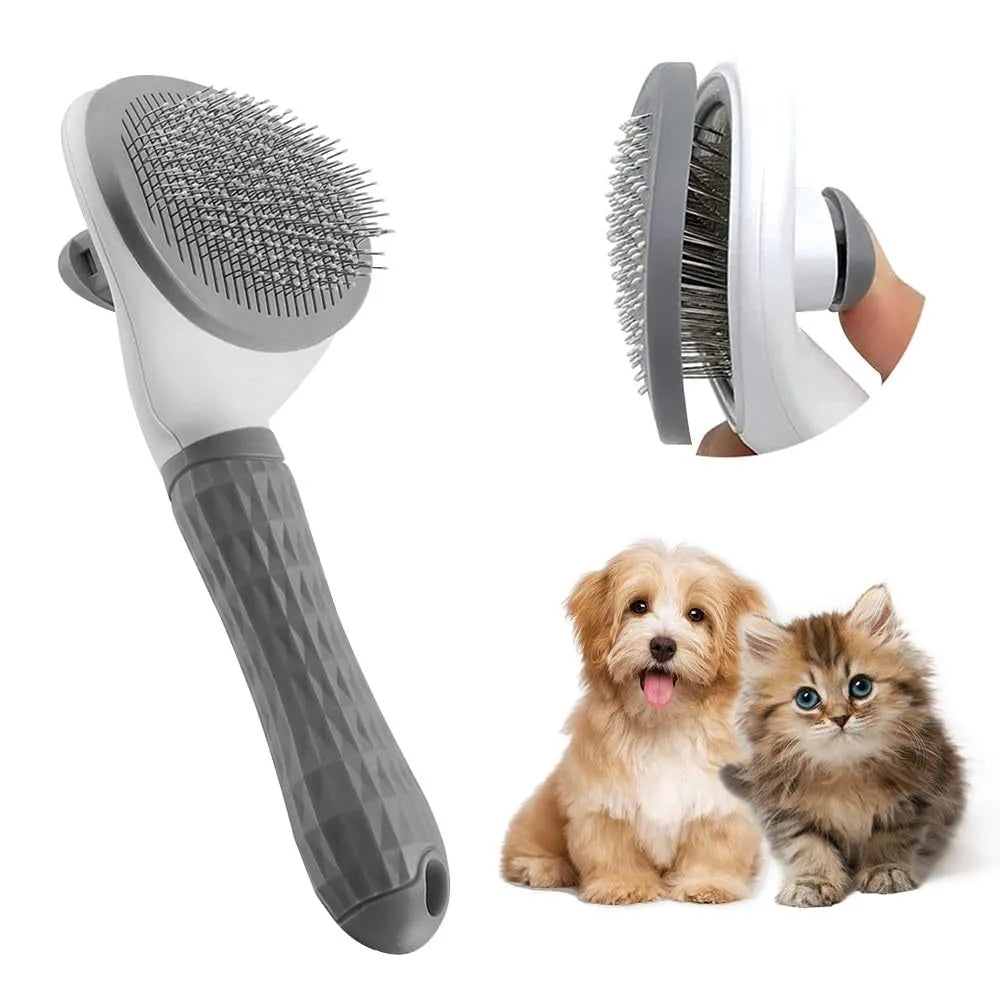 Cat grooming brush with release button in blue, grey, or pink colours with fine wire bristles