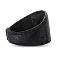 Black self-heating magnetic neck guard with adjustable straps, shown laid flat.