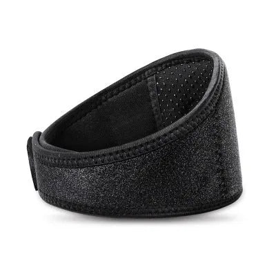Black self-heating magnetic neck guard with adjustable straps, shown laid flat.