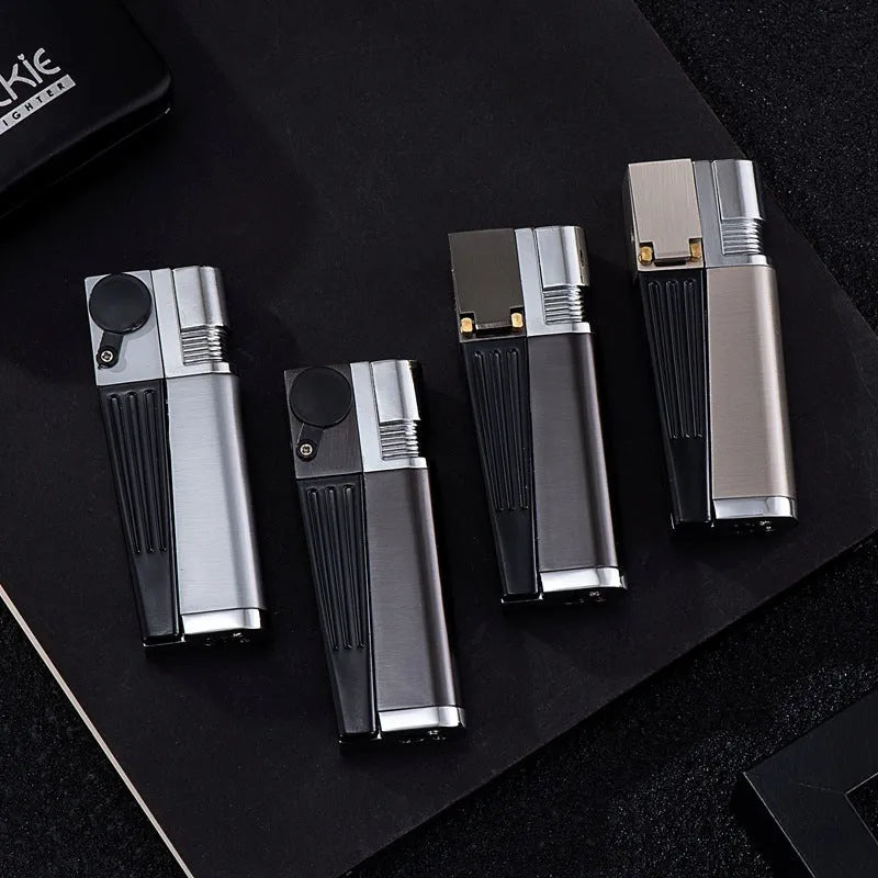 Silver and black foldable metal pipe lighter showing open and closed positions with refillable butane valve