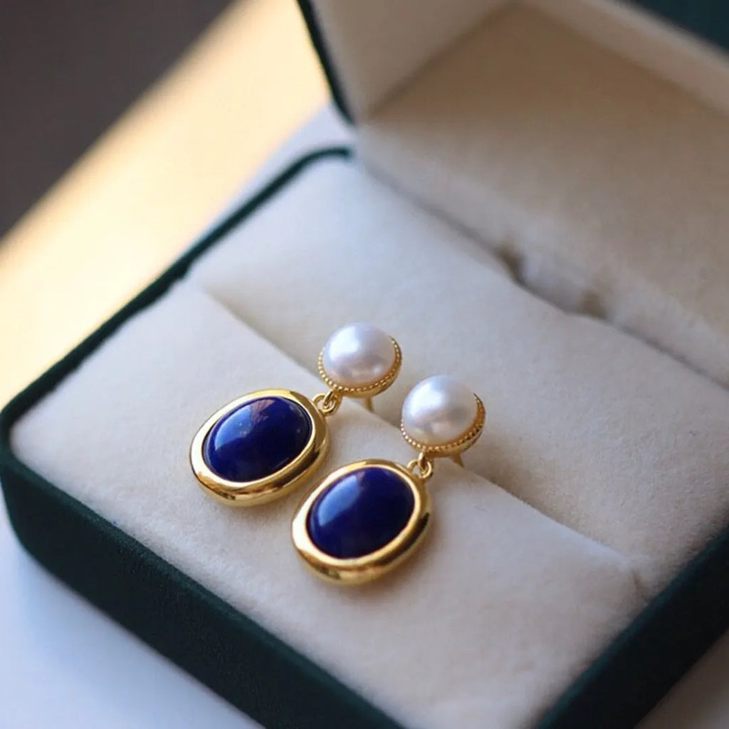 925 silver lapis lazuli pearl earrings with simple auspicious pattern design