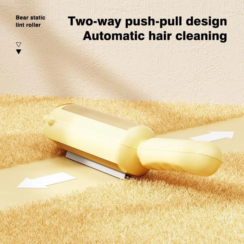 Blue pet hair remover roller with self-cleaning base for furniture and car seats