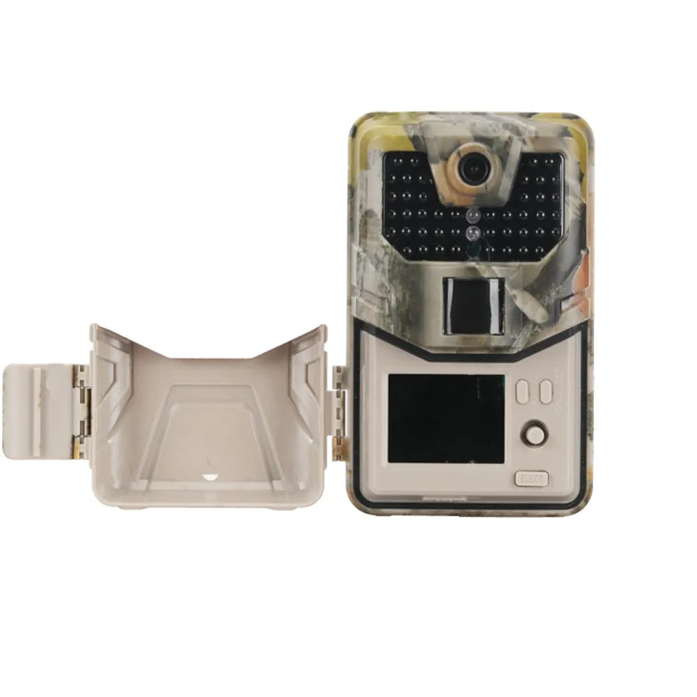 Outdoor Bluetooth hunting trail camera with camouflage finish and infrared LEDs for night vision.