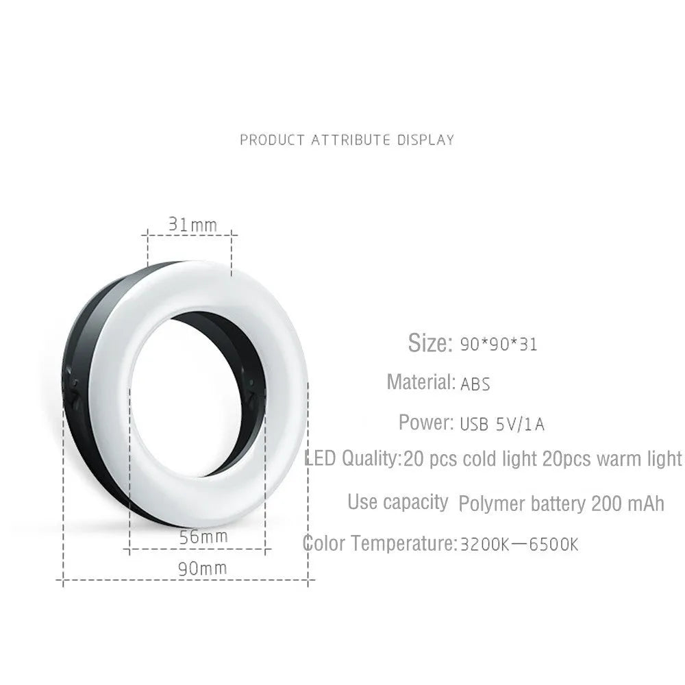 Black LED selfie ring light for mobile phones with USB cable for rechargeable photography lighting