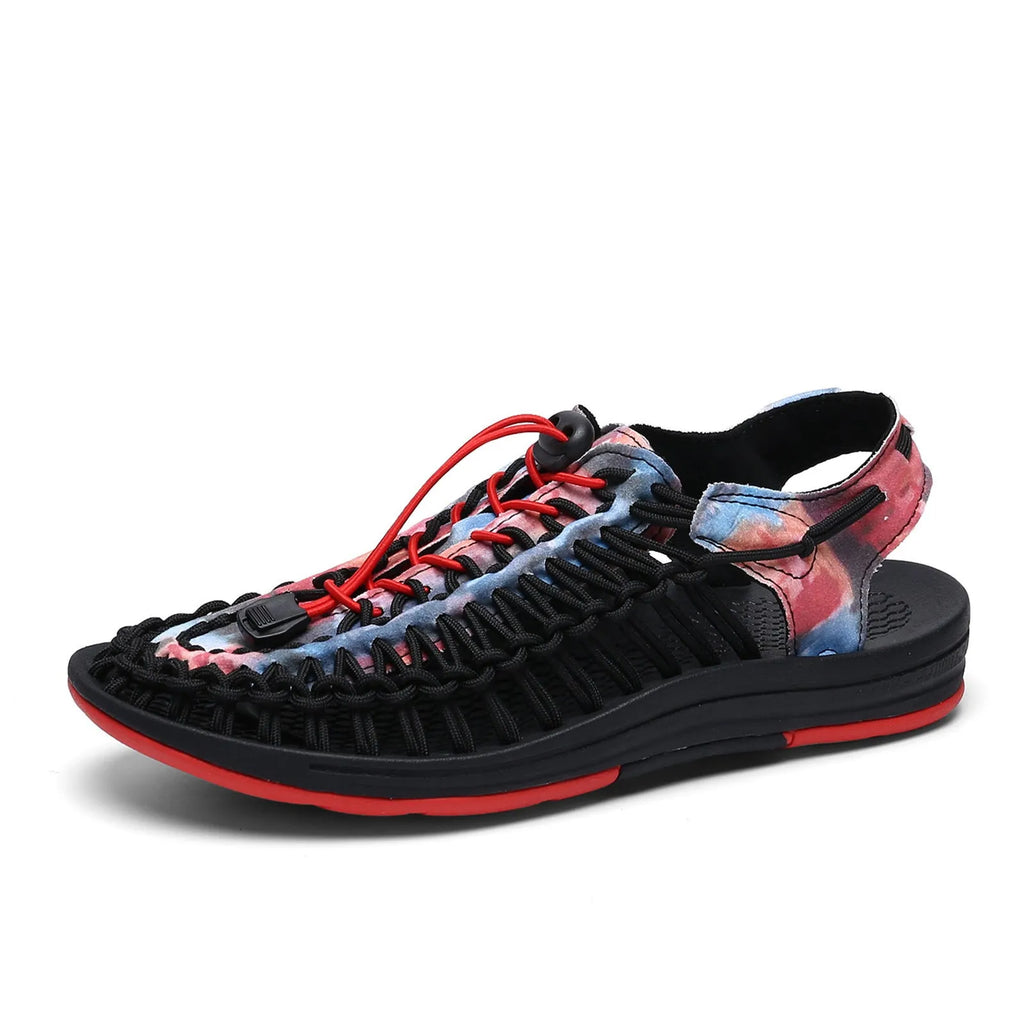 Woven Roman-style sandals with elastic drawstring tie and non-slip rubber sole