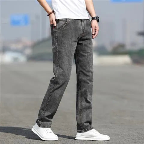 Men's straight leg jeans in smoky gray colour with low waist and zipper fly closure