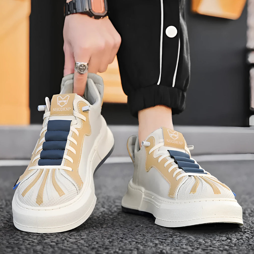 Men's beige and black elastic band casual sneakers with microfiber upper and mesh lining for hiking and leisure activities