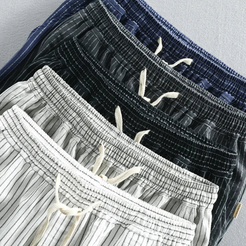 Men's striped cotton casual shorts with elastic waistband in multiple colour options