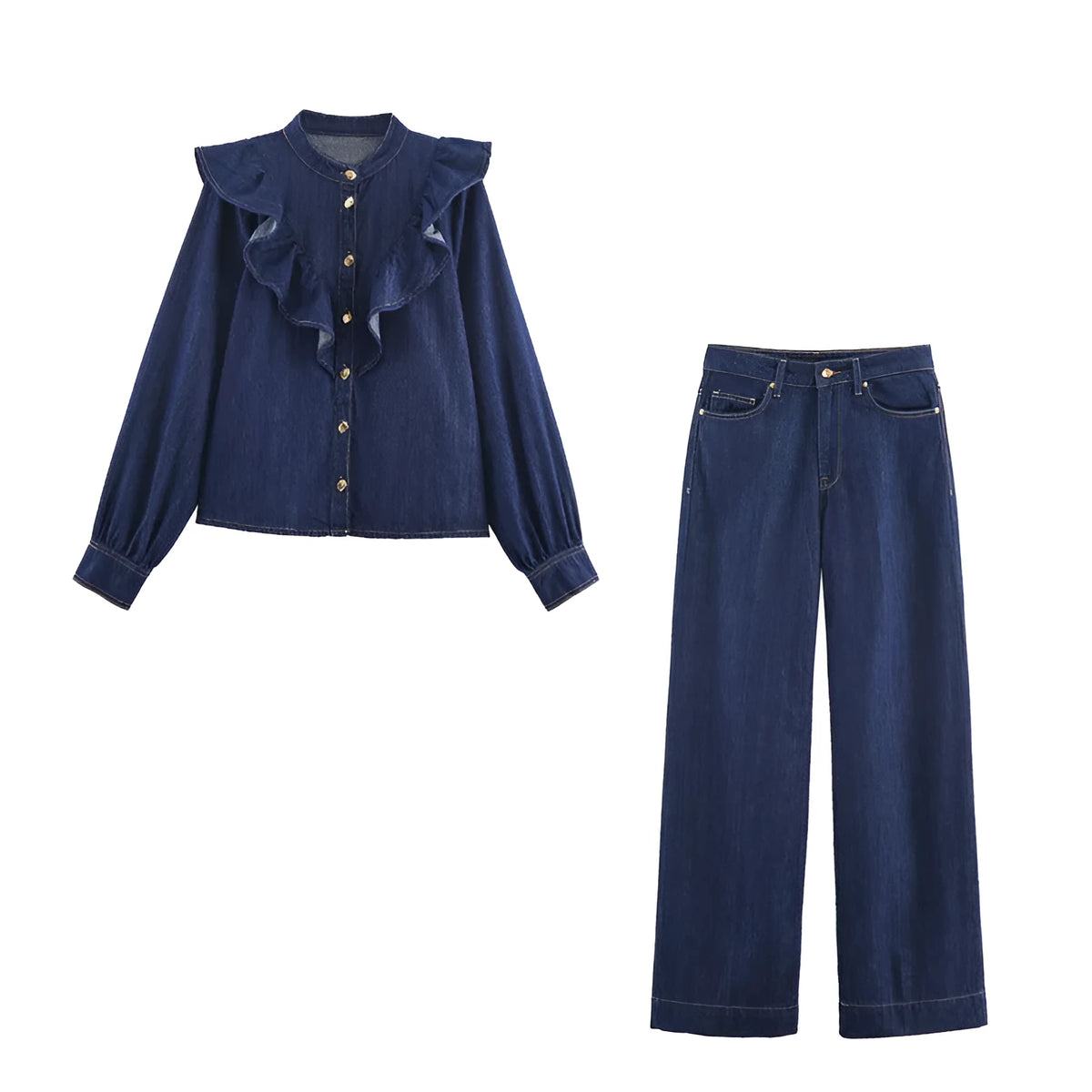 Layered denim look shirt and full-length trousers set in solid colour with button detail, sizes XS to L