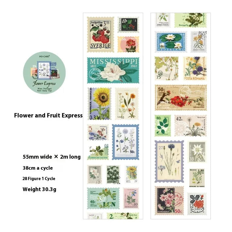 55mm wide retro journal stamp sticker roll showing butterfly design on coated paper