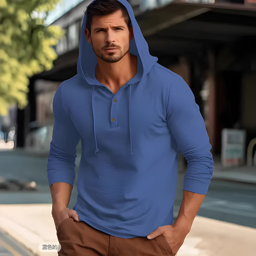 Cotton hoodie pullover in dark blue colour showing front view with long sleeves