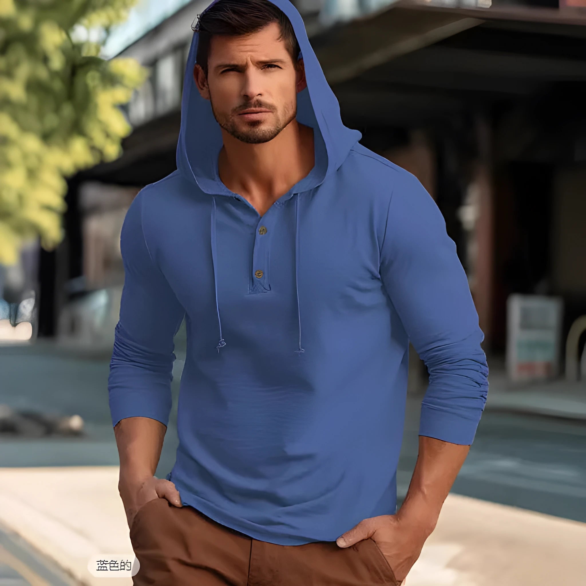 Cotton hoodie pullover in dark blue colour showing front view with long sleeves