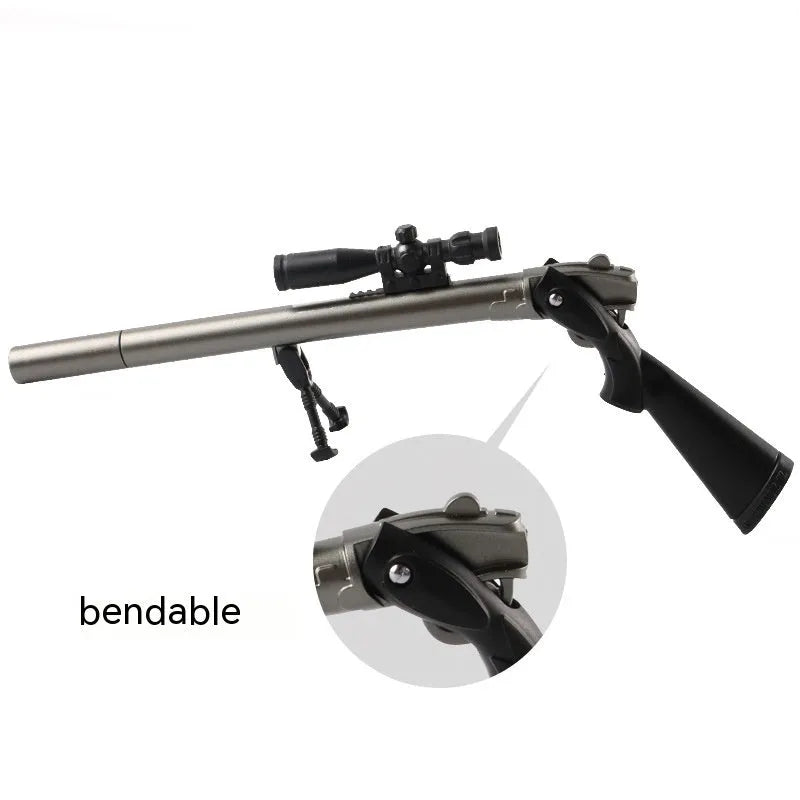 Chicken 98K Sniper Rifle shaped plastic gel pen with 0.5mm tip shown next to Ace Agent Black and Blue ink options.