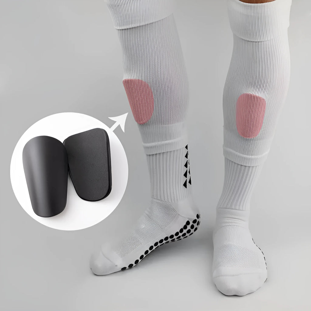 PU mini shin guards in various colours on a leg, showing S and XS sizing for sports protection.