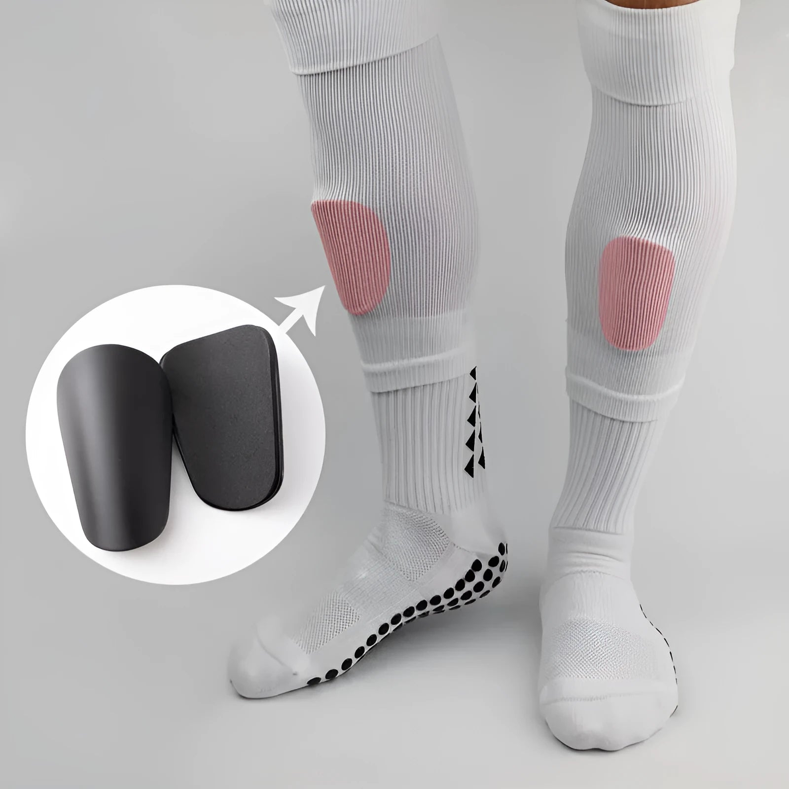 PU mini shin guards in various colours on a leg, showing S and XS sizing for sports protection.