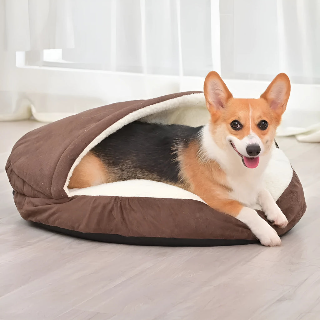Brown cloth dog kennel showing removable washable construction for crate bedding