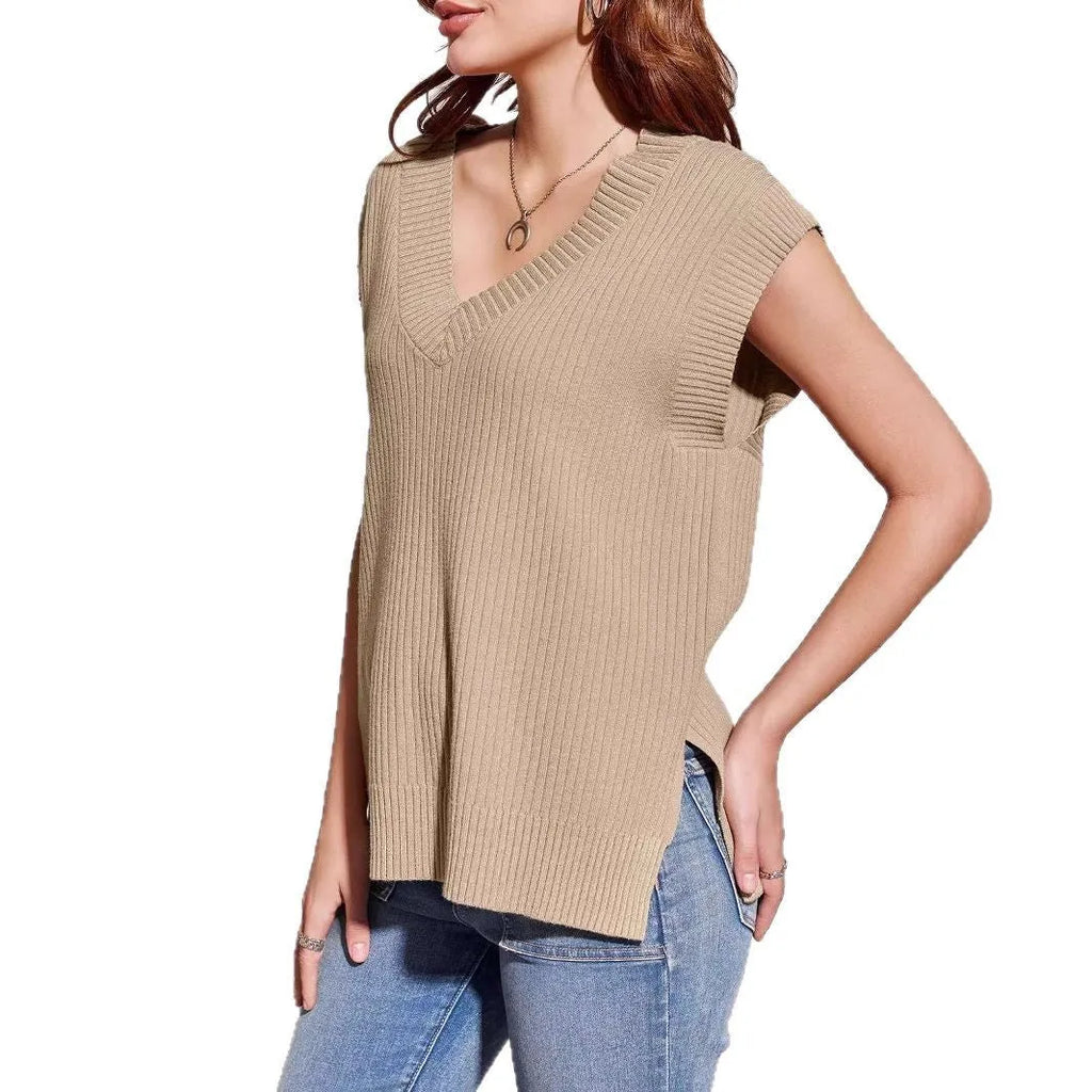 Loose fit sleeveless V-neck vest in Camel or White viscose fiber for women