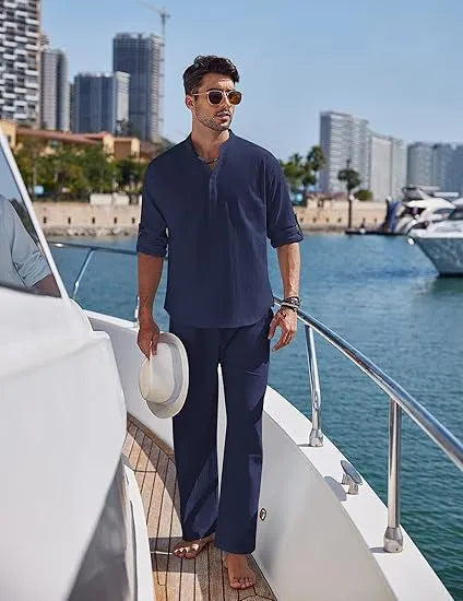 Men's cotton casual trousers suit two-piece set in solid colour with long sleeves