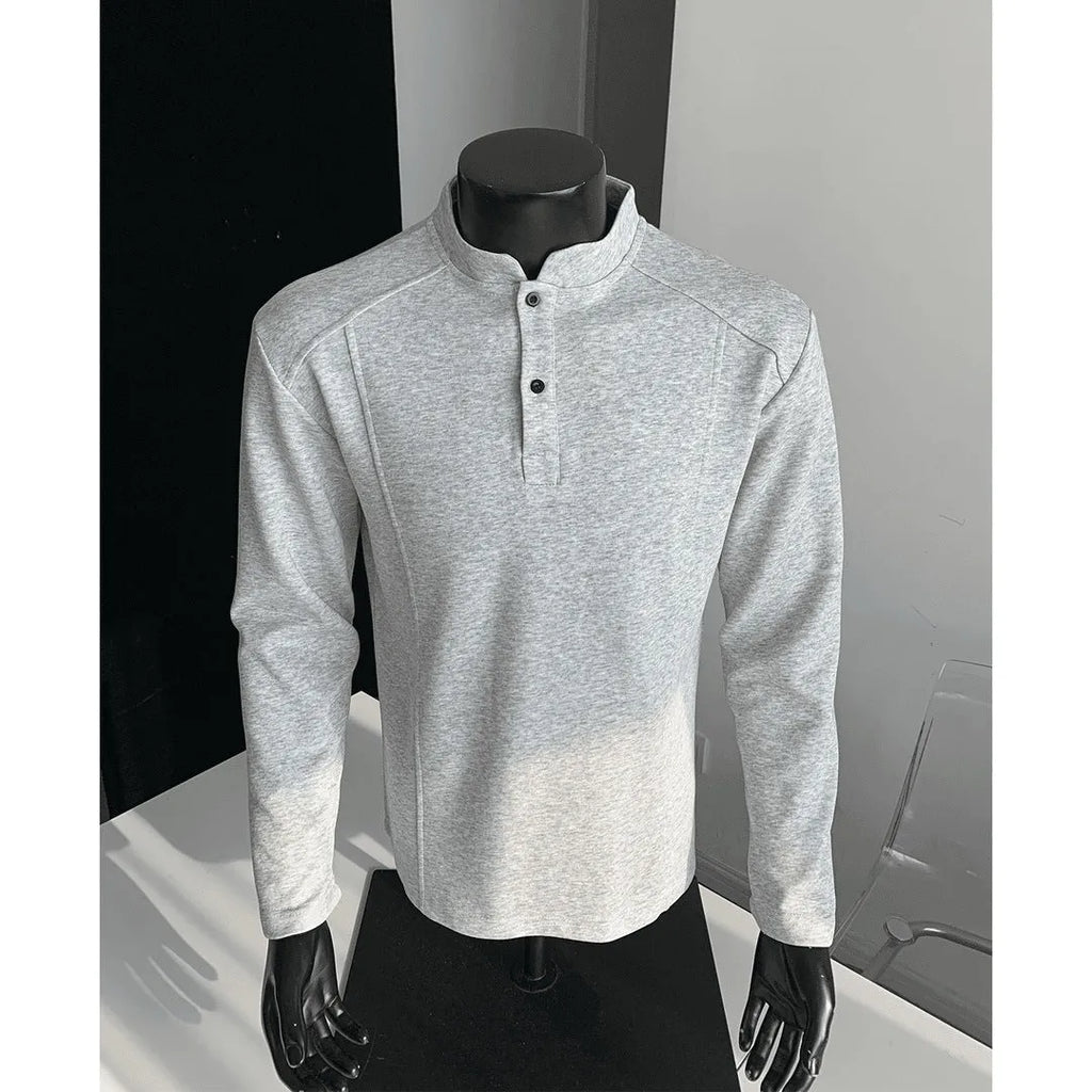 Men's patchwork stand-up collar polo shirt in loose fit with long sleeves