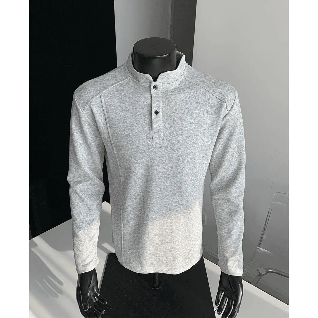 Men's patchwork stand-up collar polo shirt in loose fit with long sleeves