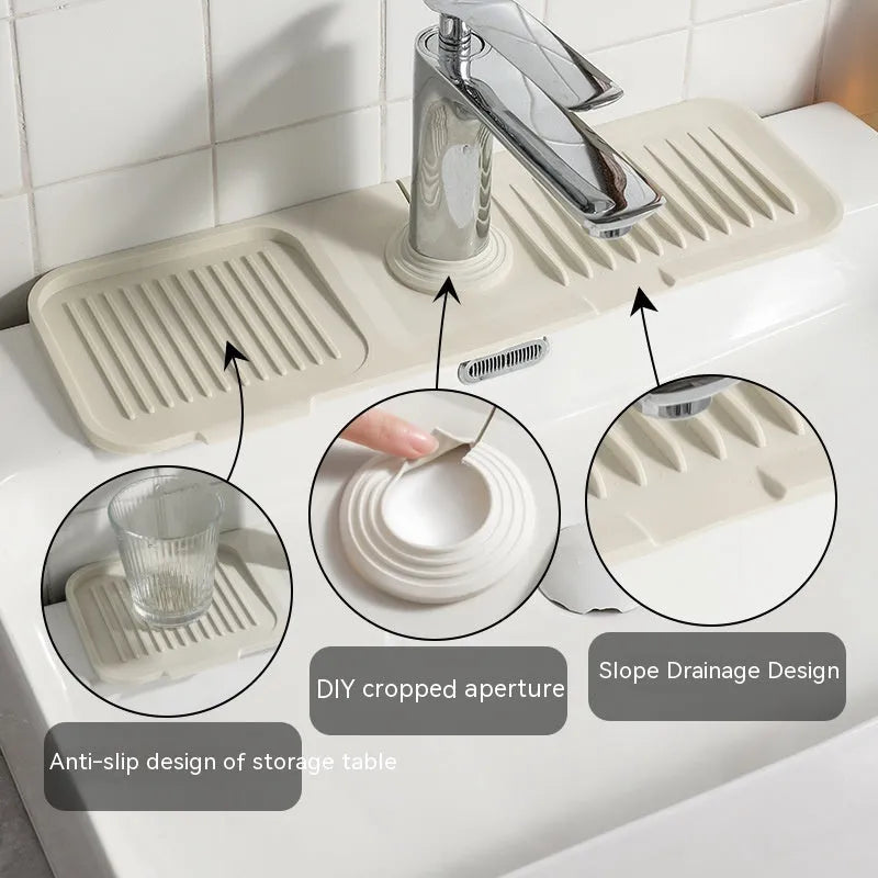 Silicone faucet splash guard pad in beige colour with sloped design and visible drain channels
