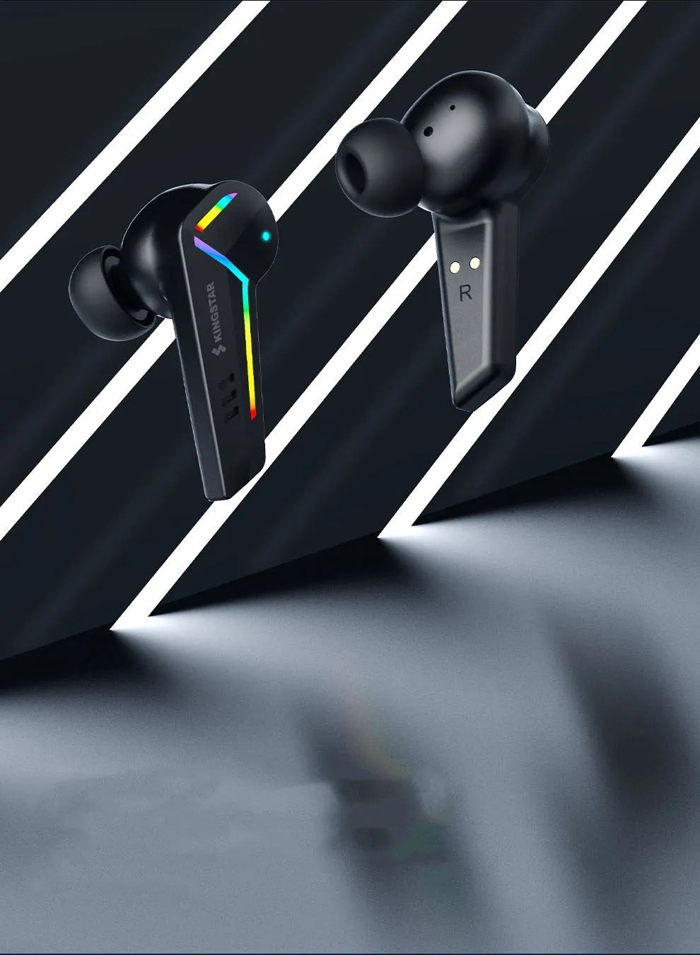 Small black TWS Bluetooth gaming headset with earplug design