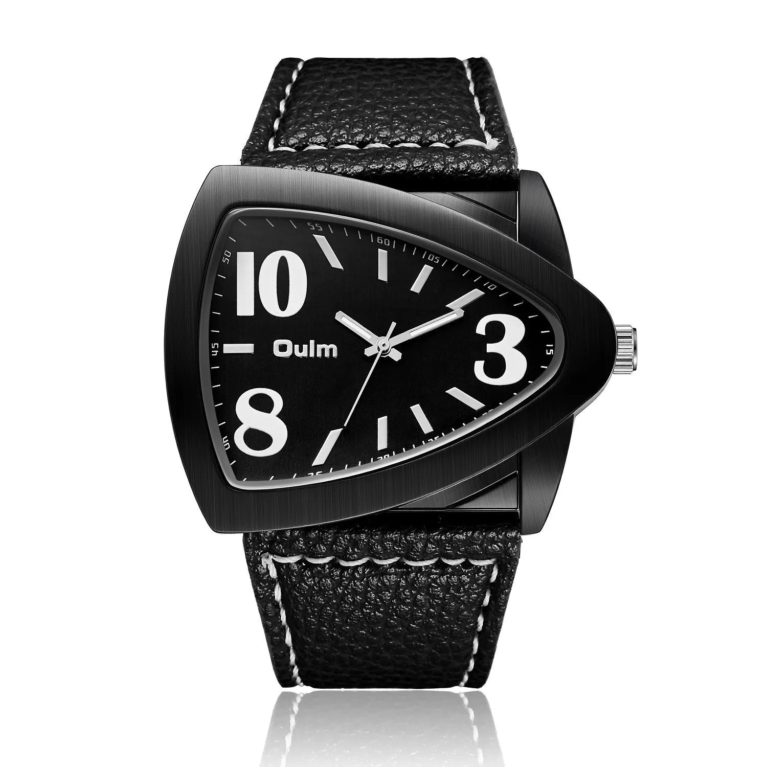 Men's brown casual quartz watch with a triangle belt on a wrist, showing slim 9mm profile.