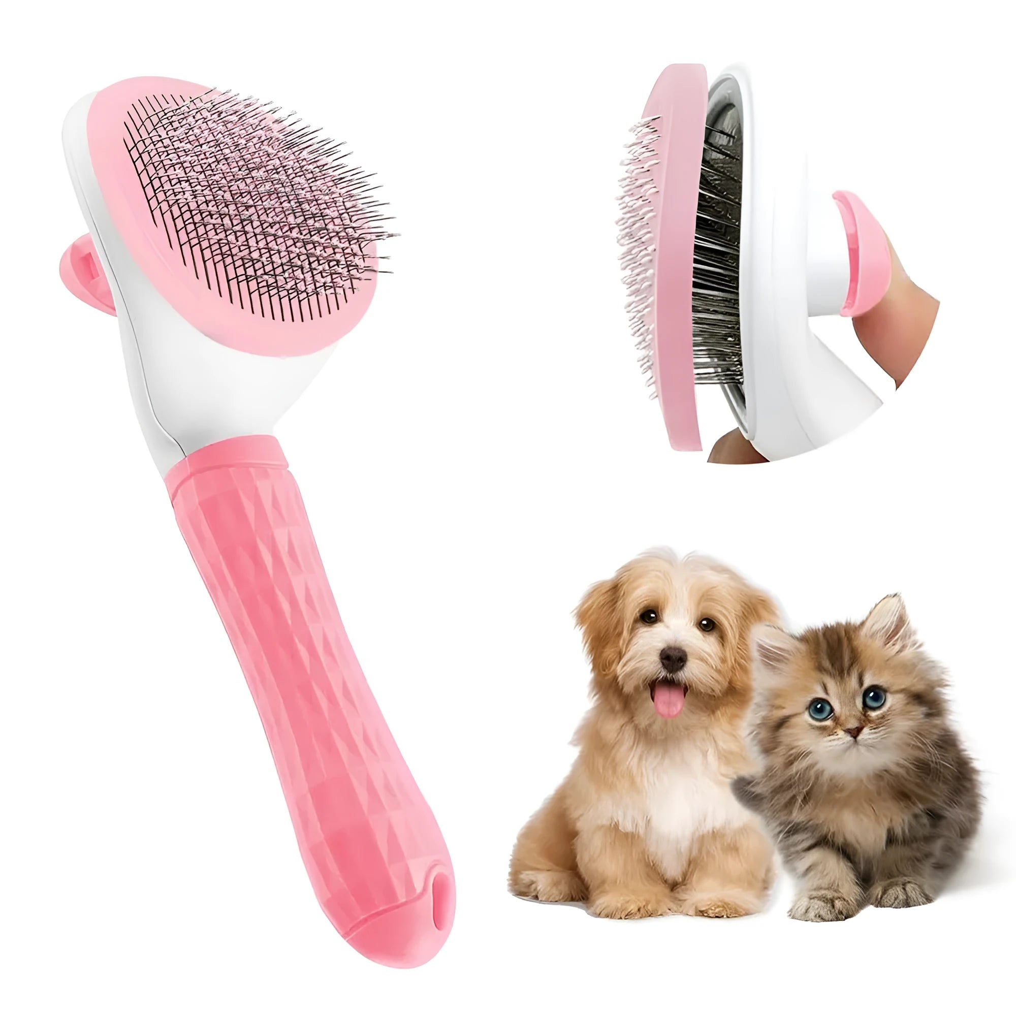 Cat grooming brush with release button in blue, grey, or pink colours with fine wire bristles