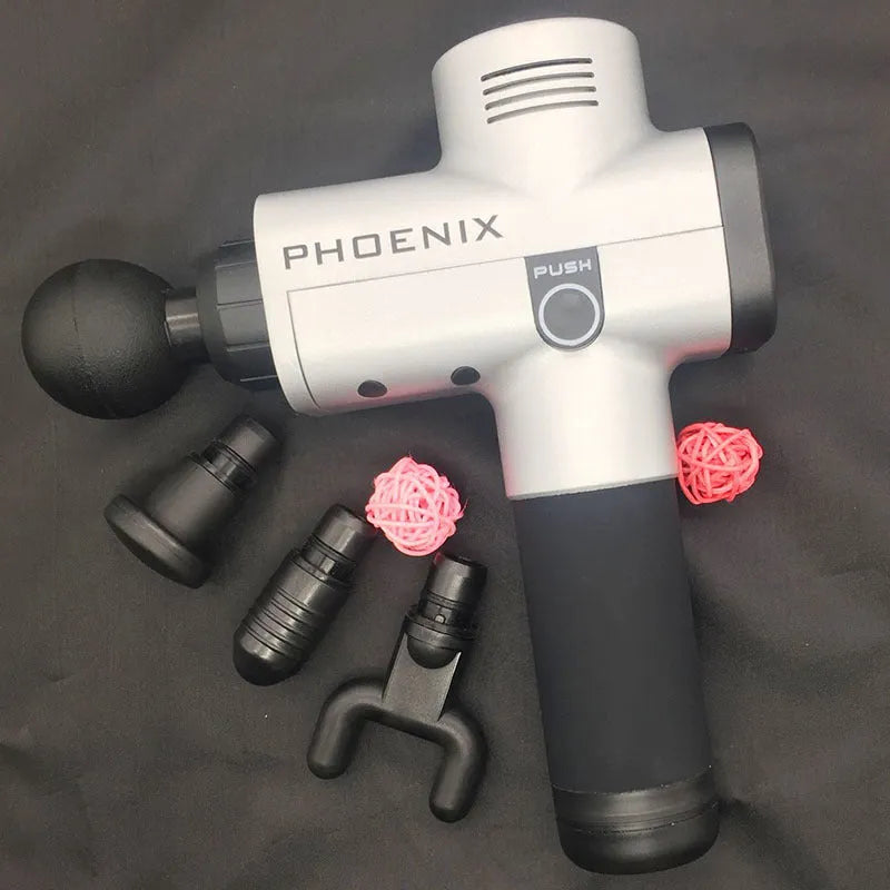 Black fascia massage gun with four removable heads on a grey background