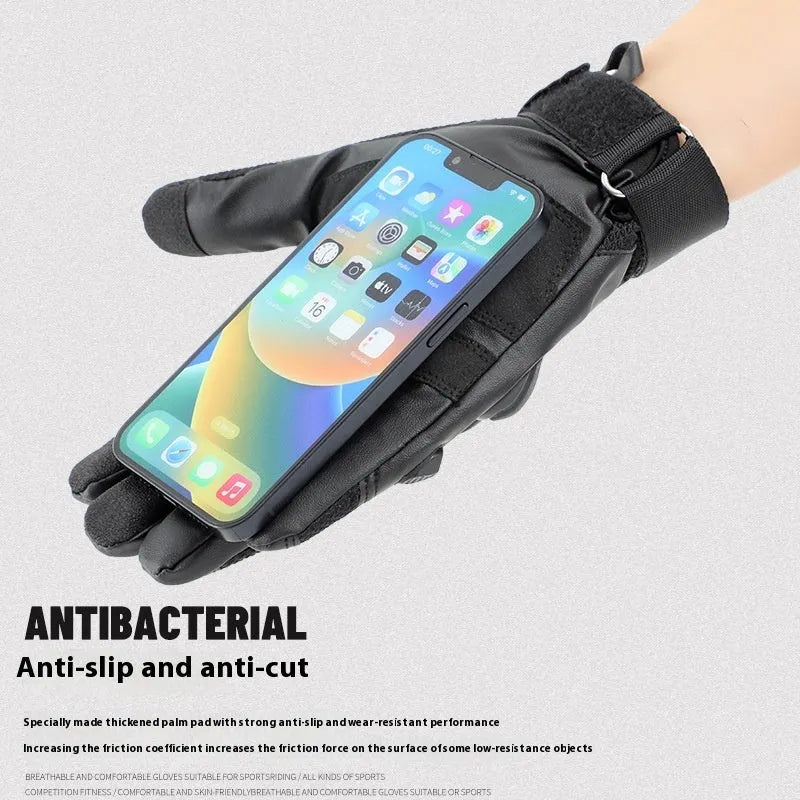 Men's black tactical full finger gloves with touch screen compatible fingertips on hand